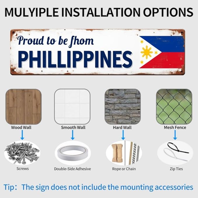 Philippines Pride Tin Decor 16 * 4 Inches "Proud to be from PHILLIPPINES" Home/Patio Wall Art - Retro Filipino Accent, Philippine Decor, Pride Metal Sign