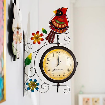 Vintage Indoor Outdoor Clock - Silent Non-Ticking, Double Sided Wall Clock with Cardinal Decor Waterproof for Garden, Patio, Yard, Farmhouse, Home Décor (Red)