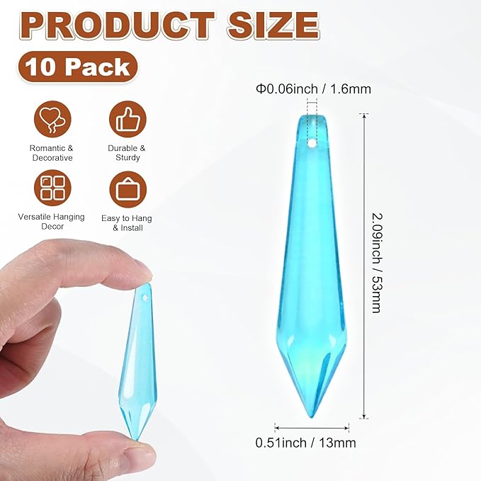 M METERXITY 10-Pack Crystal Icicle Prisms, 53mm/2.09 Inch Chandelier Pendant Maker Hanging Crystals Chandelier Prisms for Home/Windows/Garden/DIY Decoration[Lake Blue]