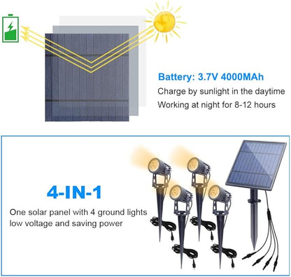 APONUO Metal Solar Spot Lights Outdoor with 9.8ft Cable Solar Powered Landscape Lighting Low Voltage IP65 Waterproof Auto On/Off for Outside Garden Yard Landscape Pathway Garage-Warm White(4-in-1)