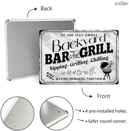 SCAZOMV Backyard Bar & Grill Metal Sign - Indoor/Outdoor Patio Signs For Backyard - Funny Signs For Home Barbecue And Grill Decor, Bar Signs For Home Bar, Backyard Bar Patio Accessories
