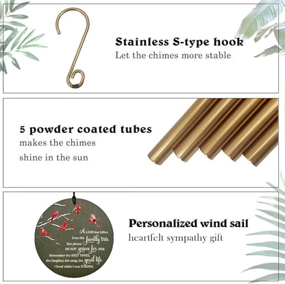 Personalized Sympathy Wind Chime, 36 Inch Memorial Wind Chimes for Outside, Cardinal Wind Chimes, Wind Chime Deep Tone for Loss of Loved One for Condolences/Funeral, Product in USA