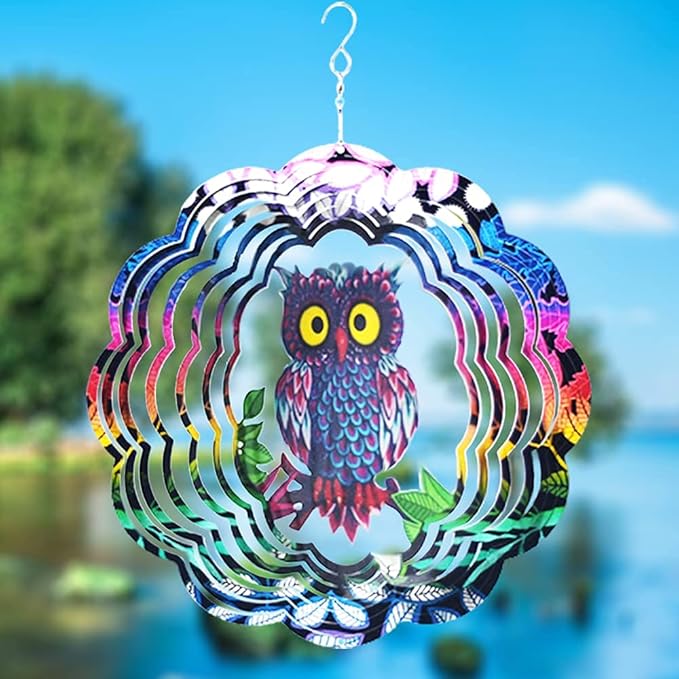 Owl Wind Spinner, 3D Kinetic Art with Sparkling Glitter, 12 Inch Multi-Layer Stainless Steel Garden Decor, Weatherproof Yard Spinner for Patio, Porch, Indoor Holiday Decoration