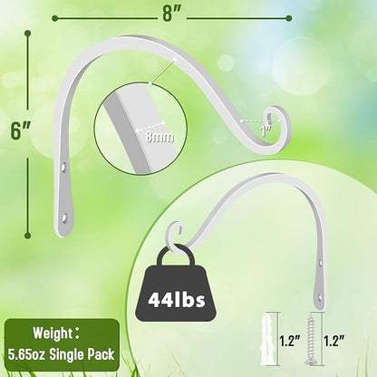 FEED GARDEN Heavy Duty Plant Hooks - 2 Pack 8 Inch Wall Mounted Hanging Brackets, 44lb Capacity Steel Plant Hangers for Bird Feeders, Baskets, Wind Chimes -White