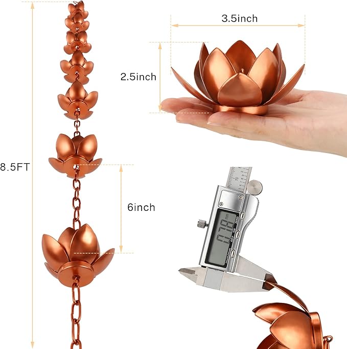 Oak Leaf Rain Chain with Adapter, 8.5ft Adjustable Lotus Rain Catcher Chain for Gutters Outside Downspout, for Divert Water and Home Display, Copper Powder Coated