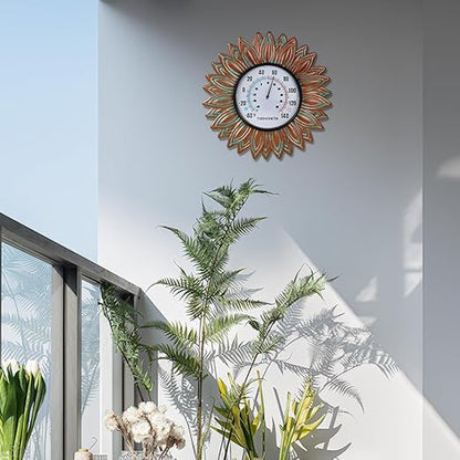 Sunflower Outdoor Thermometers, No Need Battery Indoor Themometer, 12" Metal Wall Thermometer with Large Number Easy to Read for Patio Room Decor