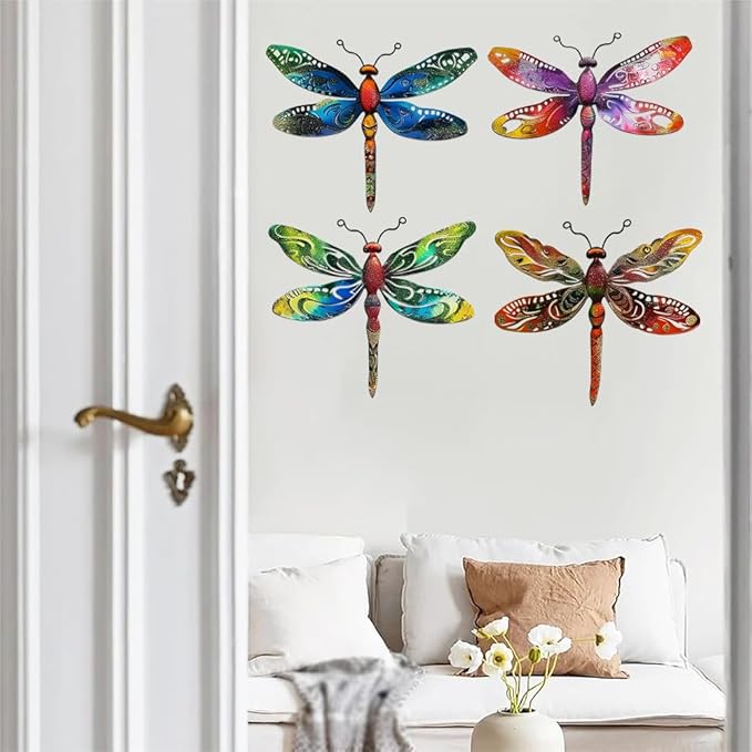 Zmvyw Set of 4 Dragonflies Metal Sign Art Decor,4Pcs Colorful Dragonfly Silhouette Wall Hanging Gifts for Birthday Housewarming,Dragonfly Ornament Decorate for Fence Garden Yard Patio Farmhouse Ranch