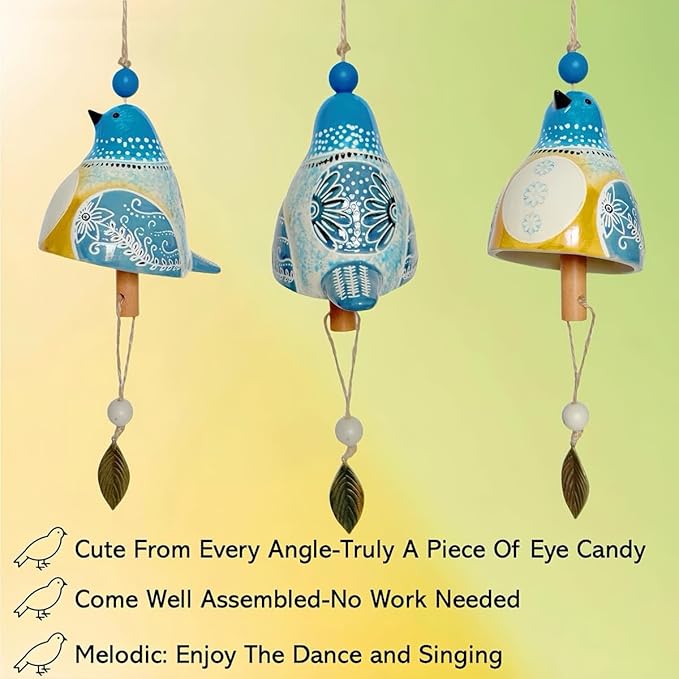 Cute Ceramic Wind Chimes for Outside and Indoor, Memorial Windchime with Soothing Melodic Tones, Gifts for Mom, Garden Patio Balcony Home Decor Hanging Windchimes (Single Bird-Blue)