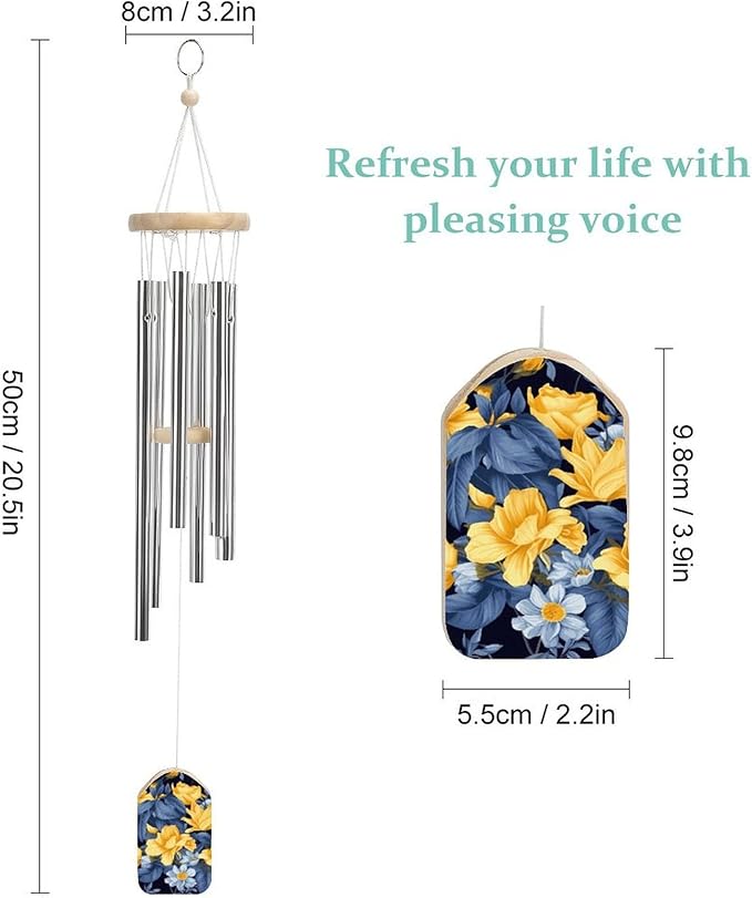 Large Aluminium Wind Chimes 20.5" Inches Blue Base Yellow Floral Wind Chimes for Outside Memorial Wind Chimes Sympathy Wind Chime for Outdoor Garden Patio Decoration