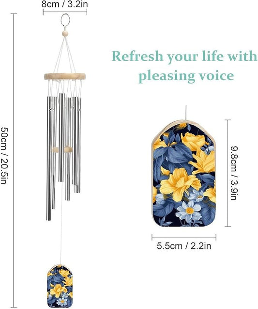 Large Aluminium Wind Chimes 20.5" Inches Blue Base Yellow Floral Wind Chimes for Outside Memorial Wind Chimes Sympathy Wind Chime for Outdoor Garden Patio Decoration