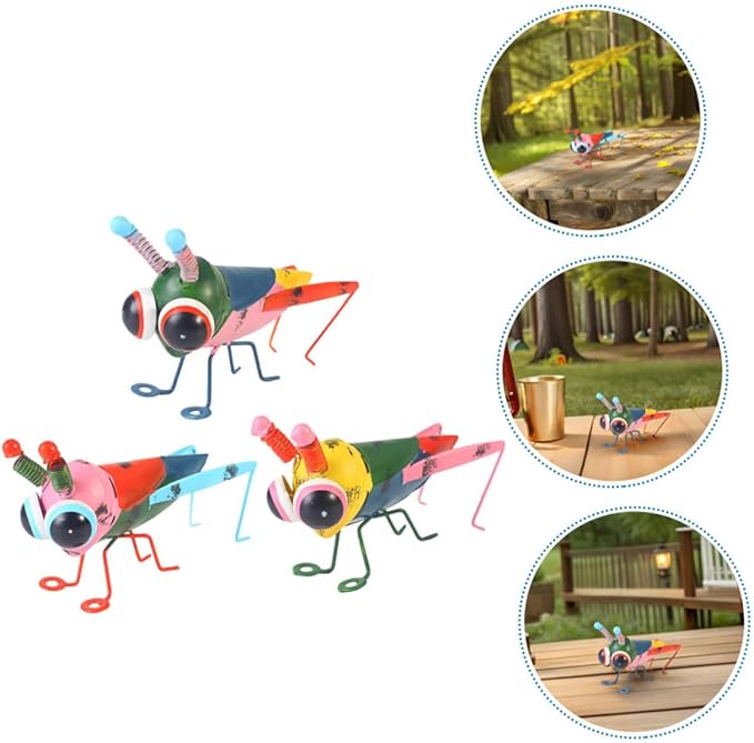 Happyyami 3pcs Outdoor Metal Locust Figurines Handpainted Sturdy Iron Art Insect Statues for Garden Patio Lawn Educational Decorative Sculptures