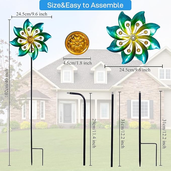 DREAMYSOUL Metal Garden Pinwheels, 9.6" Dia*40" H Kinetic Wind Spinners, Outdoor Spinners for Yard and Garden Art Lawn Decor (Cyan)
