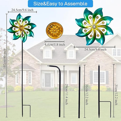 DREAMYSOUL Metal Garden Pinwheels, 9.6" Dia*40" H Kinetic Wind Spinners, Outdoor Spinners for Yard and Garden Art Lawn Decor (Cyan)