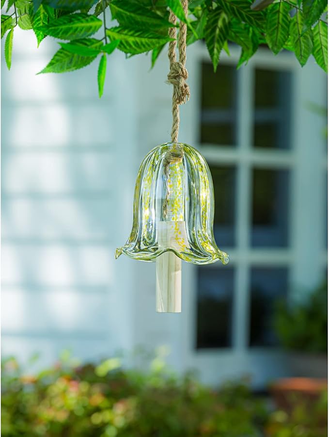 Evergreen Colorful Art Glass Bell Wind Chime | Yellow| Solid Wood Striker | Natural Deep Tone | 7 Inches Tall | Beautiful Gift for Patio, Garden, Outdoor Home décor