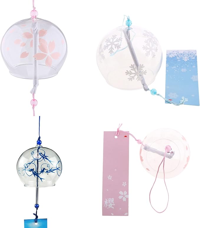 Japanese Wind Chimes, Set of 3 Glass Windchime Wind Bells Flower Painted Pattern, Garden Patio Hanging Decoration