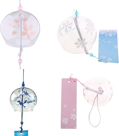 Japanese Wind Chimes, Set of 3 Glass Windchime Wind Bells Flower Painted Pattern, Garden Patio Hanging Decoration