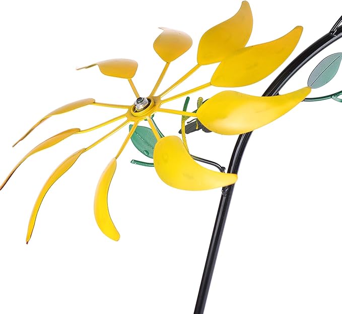 Diydeg Wind Spinner, Iron Three Moving Flowers Bright Colors Colorfast Garden Wind Spinner Rustproof Easy to Assemble Garden Windmill