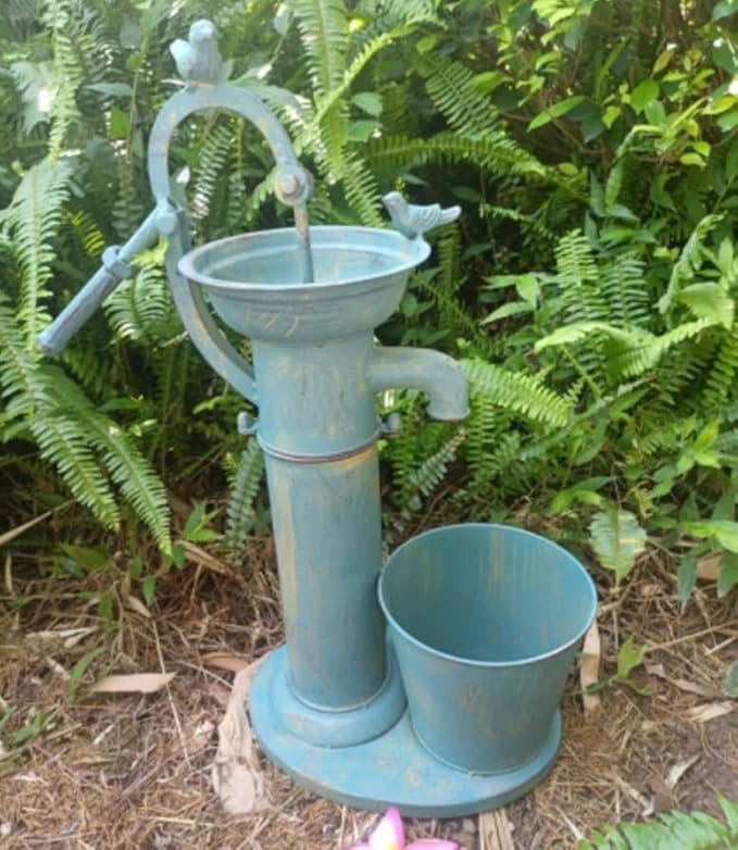 Vintage Garden Water Pump Decor, Rustic Wrought Iron Bird Bath, Red, Blue, White, Rust, Outdoor Yard Decor, Height 22 Inches (Blue)