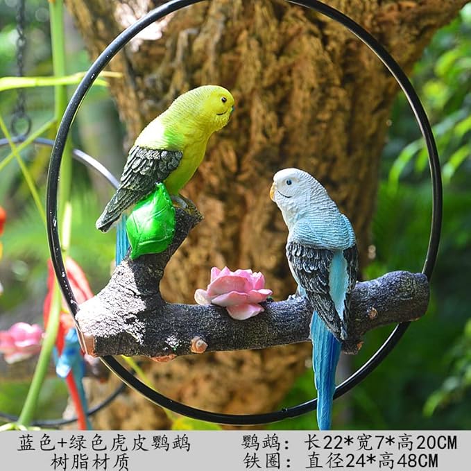 Mini Garden Statues Hanging Iron Ring Parrots, Resin Parrot Hanging Statue, Hanging Birds Figurine for Pathways Yard Patio Office Home Indoor Outdoor Tree Decorations (D-2)