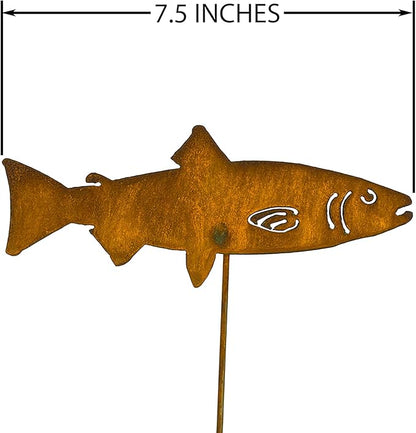 Swimming Trout Garden Stake Set of 3, Made in USA, Rusty Steel, Real Rust Finish (Small)