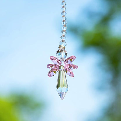 Rainbow Guardian Angel Crystal Suncatcher for Home/Car Decoration & Porch Decor & Hangings Crystal Glass Ornament for Mom Women (Pink)