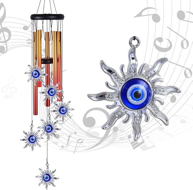 Blue Evil Eye Sun Wind Chimes Outdoor Decor, Mobile Sun Evil Eye Wind Catcher, Evil Eye Sun Wind Bells, Sun Blue Evil Eye Amulet Wind Chimes for Home, Gift for Mom, Balcony, Patio, Garden Decoration
