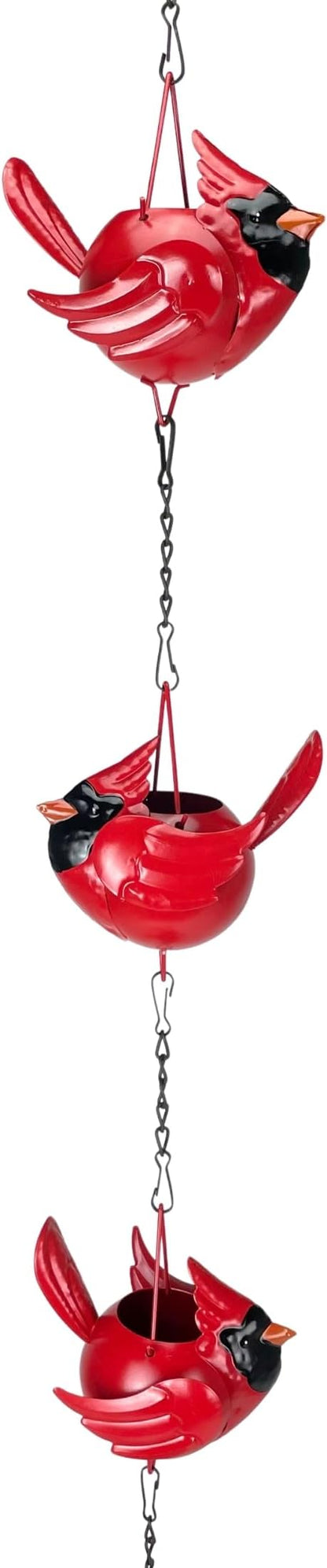 Things2Die4 85-Inch Metal Rain Chain with 7 Three-Dimensional Red Cardinal Birds, Rustic Brown Finish, Weighted Bell at Bottom, Decorative Downspout Alternative for Outdoor Garden or Patio Décor