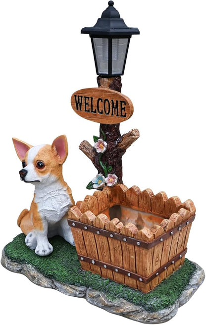 Solar Light Animal Outdoor Statue Planter with Welcome Sign, Resin Garden Sculpture Flower Pot for Patio Lawn Porch Yard Courtyard Decor, Weather-Resistant Decorative Figurine Accent (H)