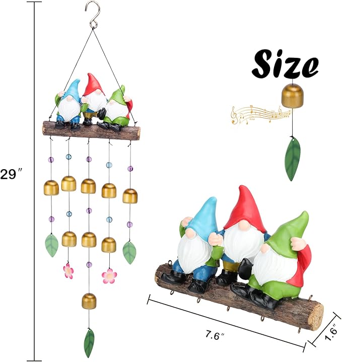 Taman Wind Chime for Outside - 29" Gnomes Windchime Valentine's Day Gift for Outdoor Decorative Metal Bronze Mobile Wind Chime Memorial Sympathy Gift for Home, Outdoor, Yard, Patio,Garden Decor