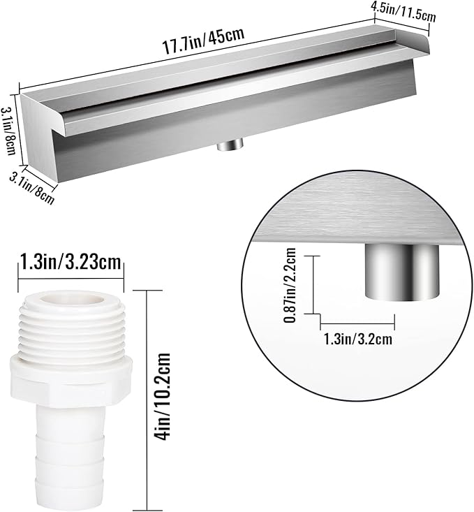 Pool Waterfall Fountains, Stainless Steel Rectangular Pool Waterfall Spillway with Pipe Connector for Indoor/Outdoor Decorative (17.7 Inch)