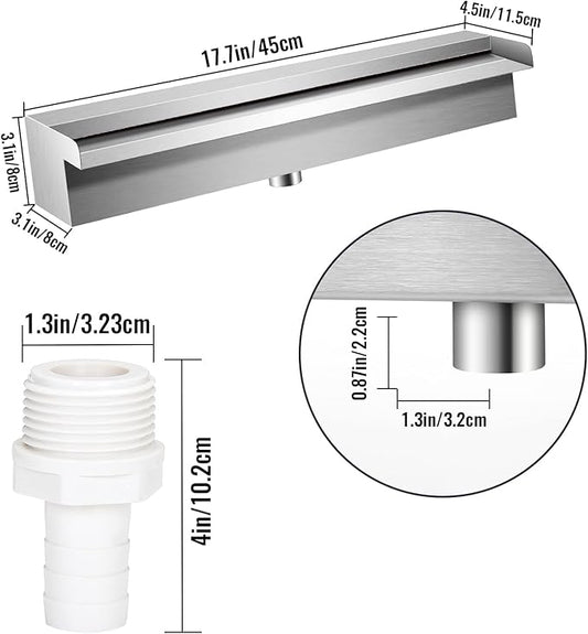 Pool Waterfall Fountains, Stainless Steel Rectangular Pool Waterfall Spillway with Pipe Connector for Indoor/Outdoor Decorative (17.7 Inch)