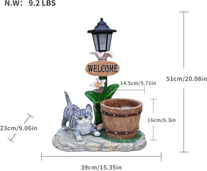 20" Solar Cat Garden Statue with Welcome Sign & Planter - Large Cat Sculpture with LED Street Lantern - Weatherproof Resin Decorative Flower Pot for Porch, Yard & Patio - Pet Lover Gift
