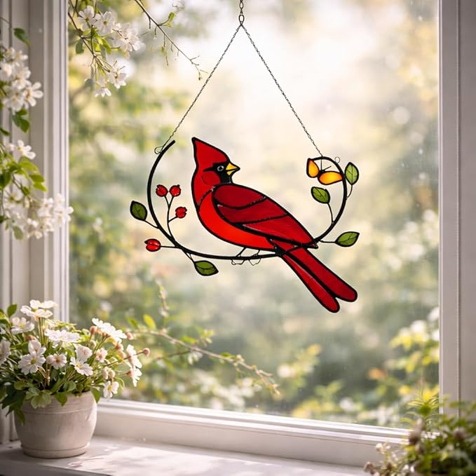 Glass Cardinal Bird Stained Glass Window Hanging Suncatcher Indoor Panel, Nautical Suncatcher Decor for Home, Wall, Garden, Coastal Ornament, Gift for Women and Mom