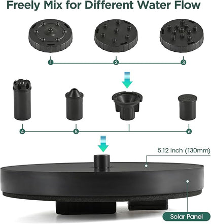 1W Solar Bird Bath Fountain Pump, Solar Fountain, Solar Powered Water Pump, Outdoor Water Fountain with 6-in-1 Nozzles, Free Standing Floating Solar Powered for Bird Bath, Garden, Pond, Pool, Outdoor