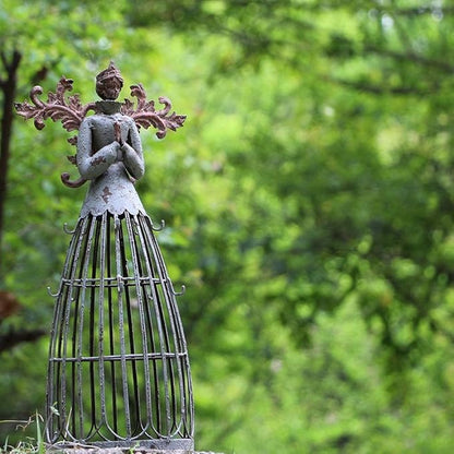 Linfevisi Angel Garden Statue with Hook Indoor Outdoor Antiqued Metal Yard Art Lawn Decor Holiday Decorations Gift Idea 18”H Metal Praying Angel