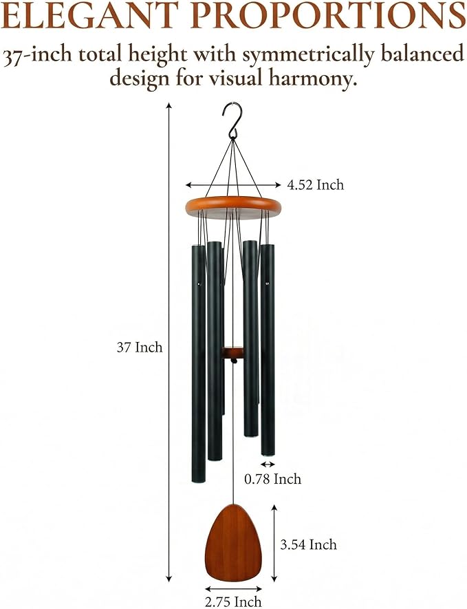 37 Inch Large Wind Chimes for Outside, Deep Tone Black Aluminum Wind Chime with 6 Tubes, Memorial Sympathy Gift for Mom, Garden Patio Outdoor Decor, DIY Personalizable Windchime