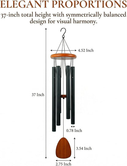 37 Inch Large Wind Chimes for Outside, Deep Tone Black Aluminum Wind Chime with 6 Tubes, Memorial Sympathy Gift for Mom, Garden Patio Outdoor Decor, DIY Personalizable Windchime