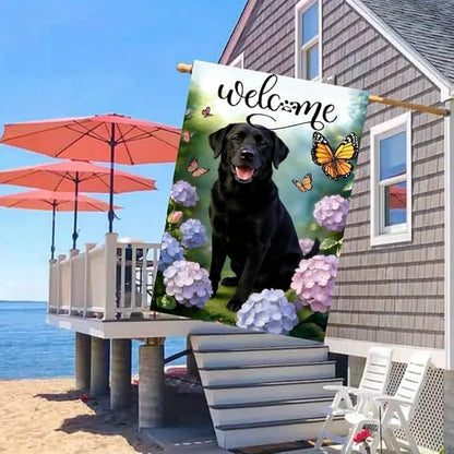 Large Spring Summer Black Lab Labrador Dog Hydrangea Garden Flags 28 x 40 Double Sided, Burlap Spring House Flag for Outside, Large Summer Welcome Outdoor Yard Flags Decorations for Yard Garden Décor