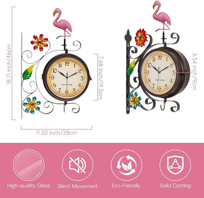 Flamingo Vintage Double Sided Wall Clock with Metal Frame Antique Wall Clock for Outdoor Decorative Art Decor for Living Room Restaurants Office Kitchen Silent Watches & 360 Degree Rotate
