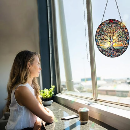 Tree of Life Suncatcher Stained Glass Window Hanging - 8″ Handmade Sun Catchers Indoor Window Catcher Suncatchers for Windows Garden -Wall Art Home Decor Panel Mothers Day Birthday Gift for Mom Women