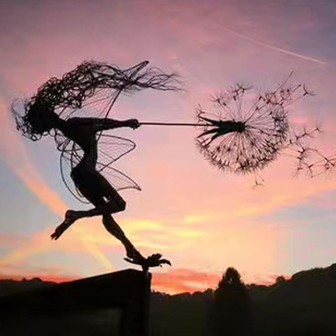 Flower Fairy Dancing with Dandelion, Fairy Garden Sculptures, Angel Metal Ornaments Gardens Art Sculpture, Stainless Steel Statue Garden Ornaments Art Decorations for Outdoor Yard Lawn Patio (D_flat)