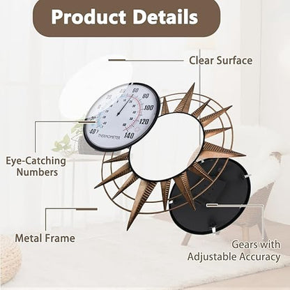 14'' Sun Outdoor Thermometer, Metal Wall-Mounted Thermometer No Need Battery, Indoor Decor for Patio Garden Living Room