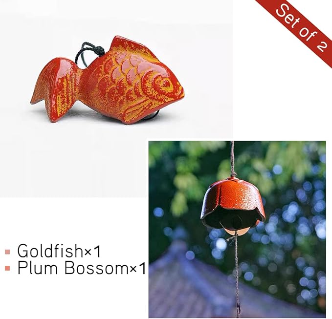 Set of 2, Japanese Bless Small Wind Chimes Outdoor, Iwachu Cast Iron Lucky Temple Wind Bell Memorial and Sympathy Wind Chimes for Outside Good Luck for Garden, Patio, Balcony(Goldfish and Plum)