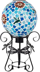 Stargarden Solar Gazing Ball, 10" Mosaic Gazing Ball,Glass Gazing Globe with Metal Stand, Decorative Solar Globes for Patio, Lawn, Garden Decor