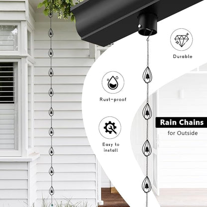 dreamysoul Rain Chains for Gutters, 10.27FT Black Teardrop Rain Chains with Bell, Rain Catcher Chains for Outside, Downspout, Eaves, Drainage