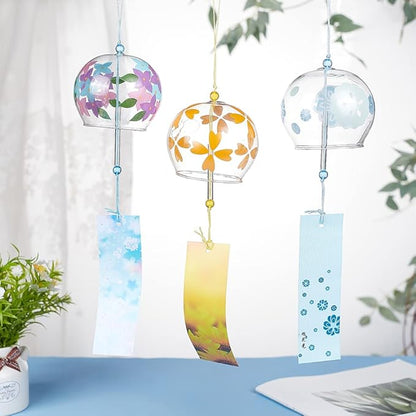 BENECREAT 3pcs Japanese Wind Chimes Flower Wind Bells Gold Blue Colorful Handmade Glass Pendants for Wedding Festival Gift, Garden Window Outdoor or Indoor Home Decors