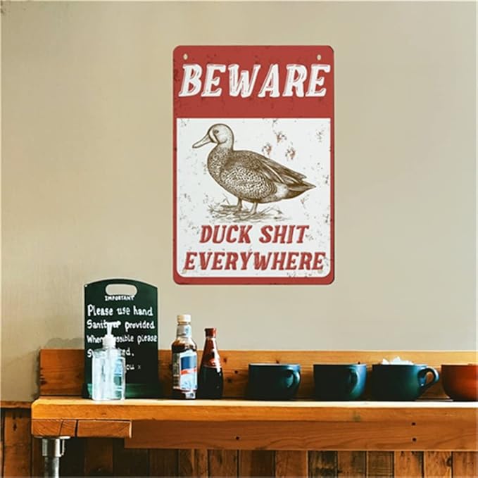 QHOVPA Farm Yard Sign Lawn Sign Metal Sign, Funny Beware Duck Shit Everywhere Sign for Home Farmhouse or Business Use 8x12 inches Signage