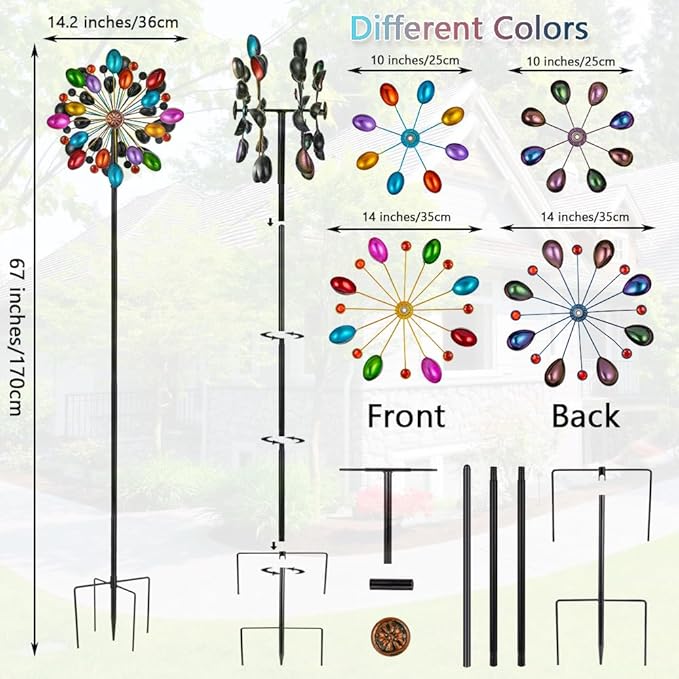 DREAMYSOUL Wind Spinners Outdoor, 360 Degree Rotation Colorful Wind Spinner for Yard and Garden, 4 Layers Metal Kinetic Wind Sculptures & Spinners