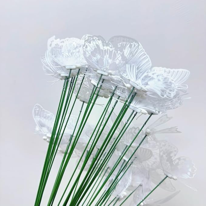 3D Butterfly Garden Stake Decor,10" PVC Butterfly Garden Decor for Outside,Shaking Head Artificial Butterflies for Cake Bouquet Wall Lawn Pathway Plant Pot Flower Bed Yard Decor (50, White)