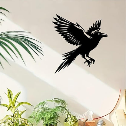 Modern Winged Crow Wall Art - Minimalist Black Metal Raven, Sleek Wrought Iron Bird Decor For Indoor/Outdoor, Contemporary Gothic Home & Garden Statue